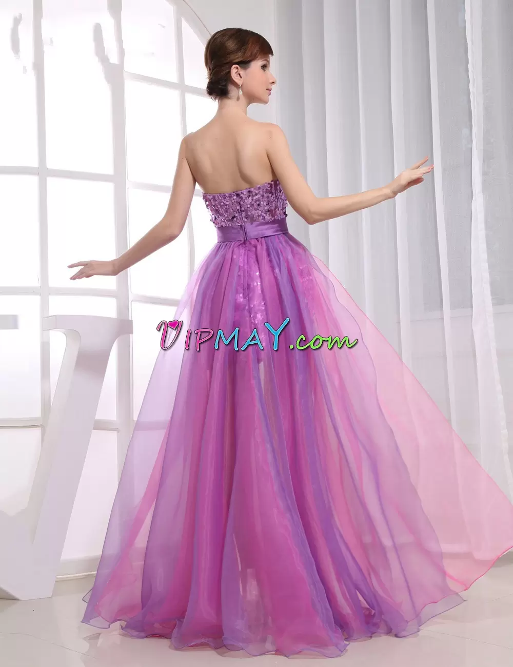 Sleeveless Floor Length Sequins and Belt Zipper Prom Evening Gown with Multi-color