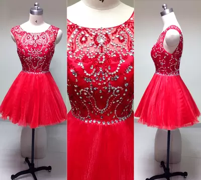 Decent Sleeveless Mini Length Beading and Pleated Lace Up Prom Dresses with Red