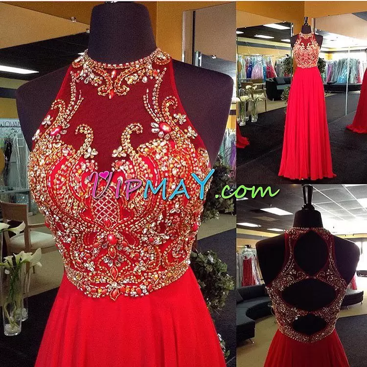 Chiffon Floor Length Backless Dress for Prom in Red with Beading