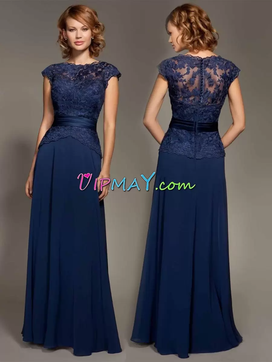 Lovely Navy Blue Chiffon Zipper Scoop Cap Sleeves Floor Length Homecoming Party Dress Lace and Appliques