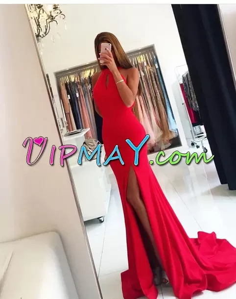 sexy red mermaid prom dress,keyhole halter prom dress,prom dress with leg slits,high slit mermaid prom dress,mermaid train prom dress,cheap mermaid prom dress under 100,on sale under 100 dollars prom dress,