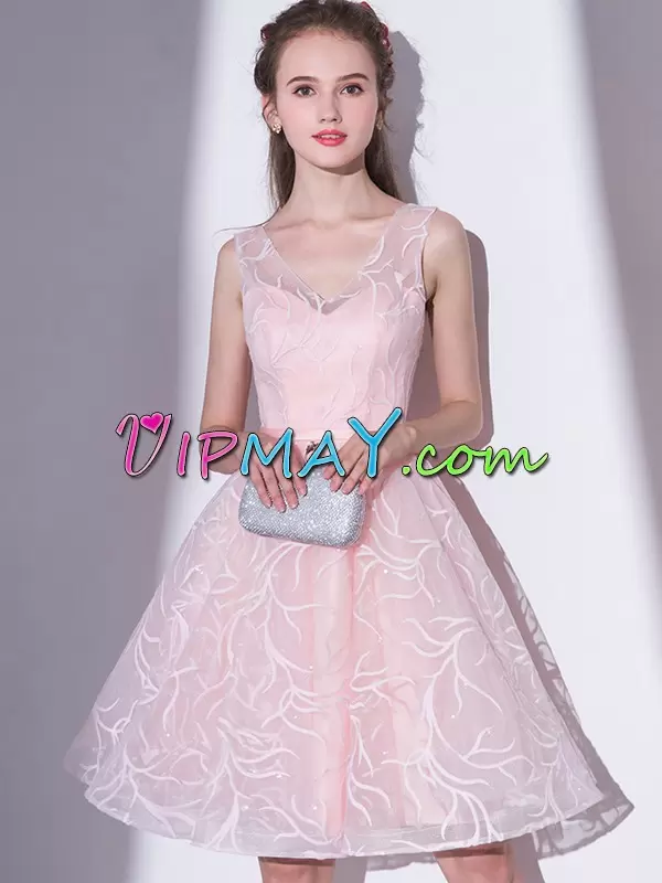 Pink Lace Up V-neck Lace Prom Evening Gown Lace Sleeveless