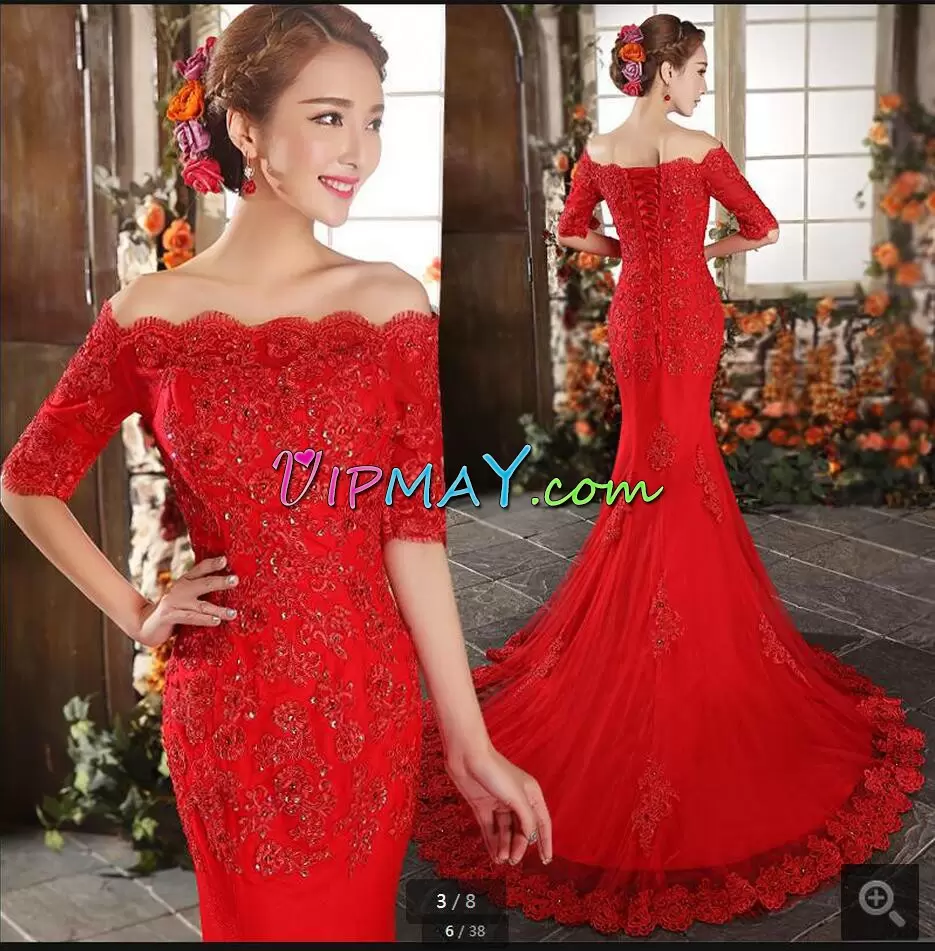 Red Lace Up Half Sleeves With Train Sweep Train Beading