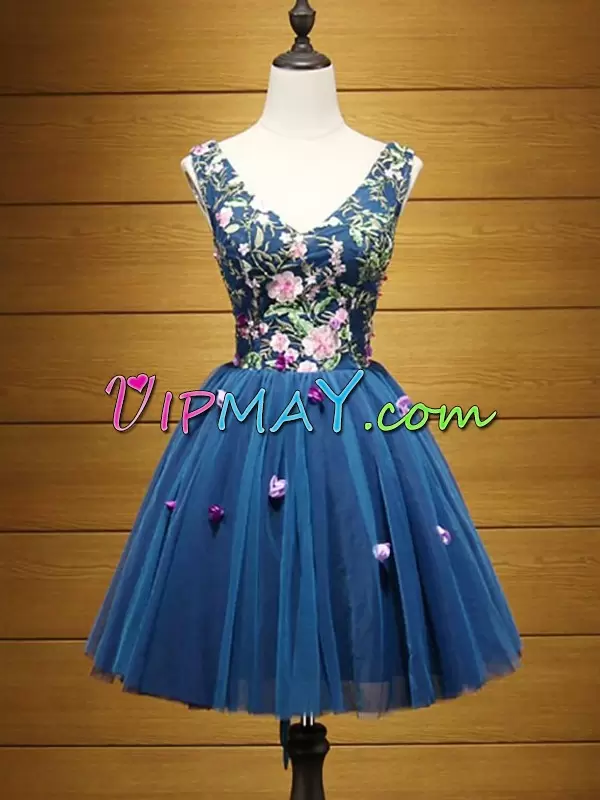 Sweet Navy Blue V-neck Neckline Hand Made Flower Prom Dress Sleeveless Lace Up