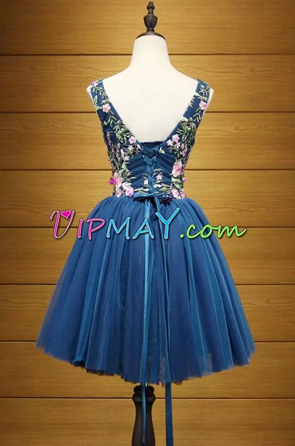 Sweet Navy Blue V-neck Neckline Hand Made Flower Prom Dress Sleeveless Lace Up