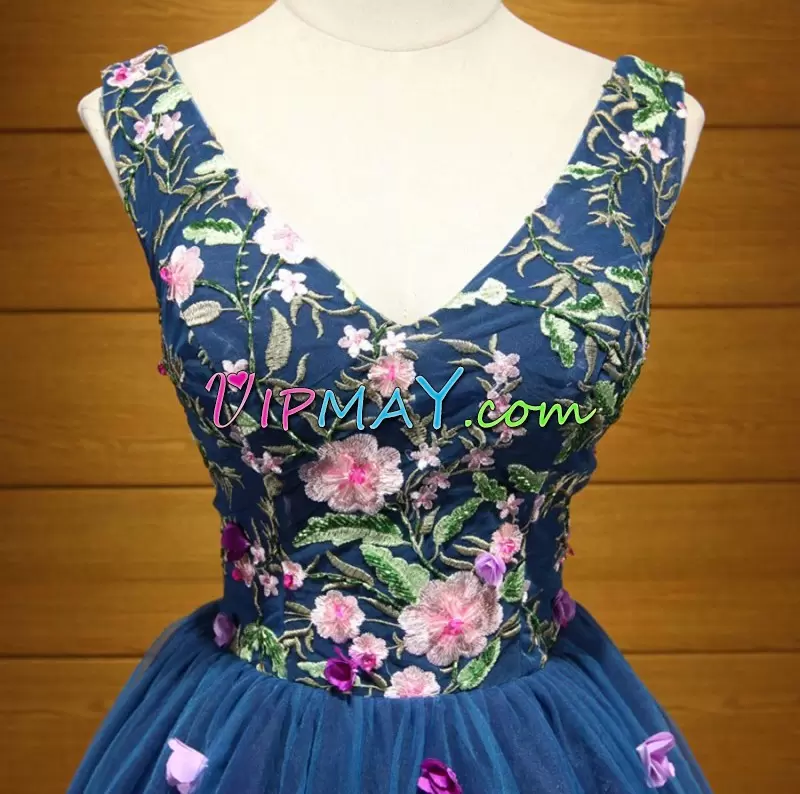 Sweet Navy Blue V-neck Neckline Hand Made Flower Prom Dress Sleeveless Lace Up