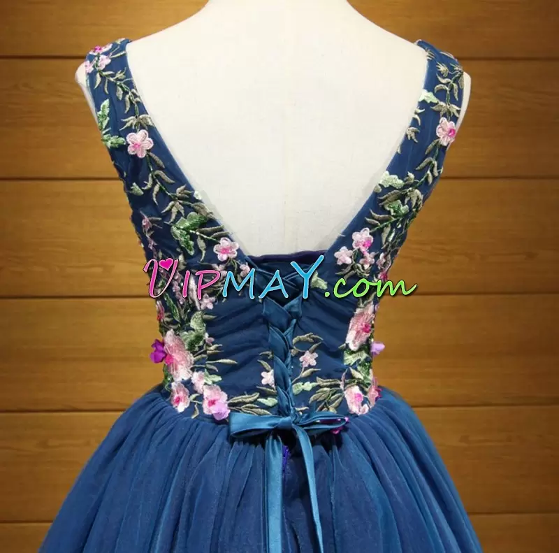 Sweet Navy Blue V-neck Neckline Hand Made Flower Prom Dress Sleeveless Lace Up