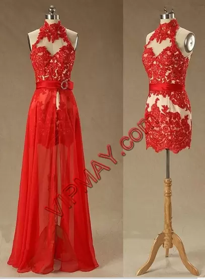 New Arrival Sleeveless Chiffon Floor Length Backless Homecoming Party Dress in Red with Lace