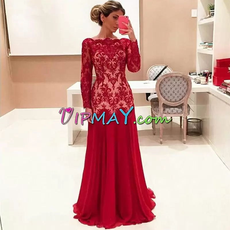 Red Prom Gown Scalloped Long Sleeves Sweep Train Lace Up