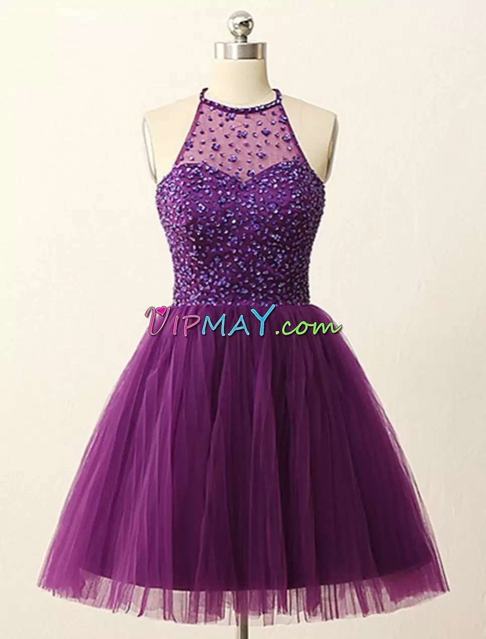 Customized Halter Top Sleeveless Backless Dress for Prom Purple Tulle Beading