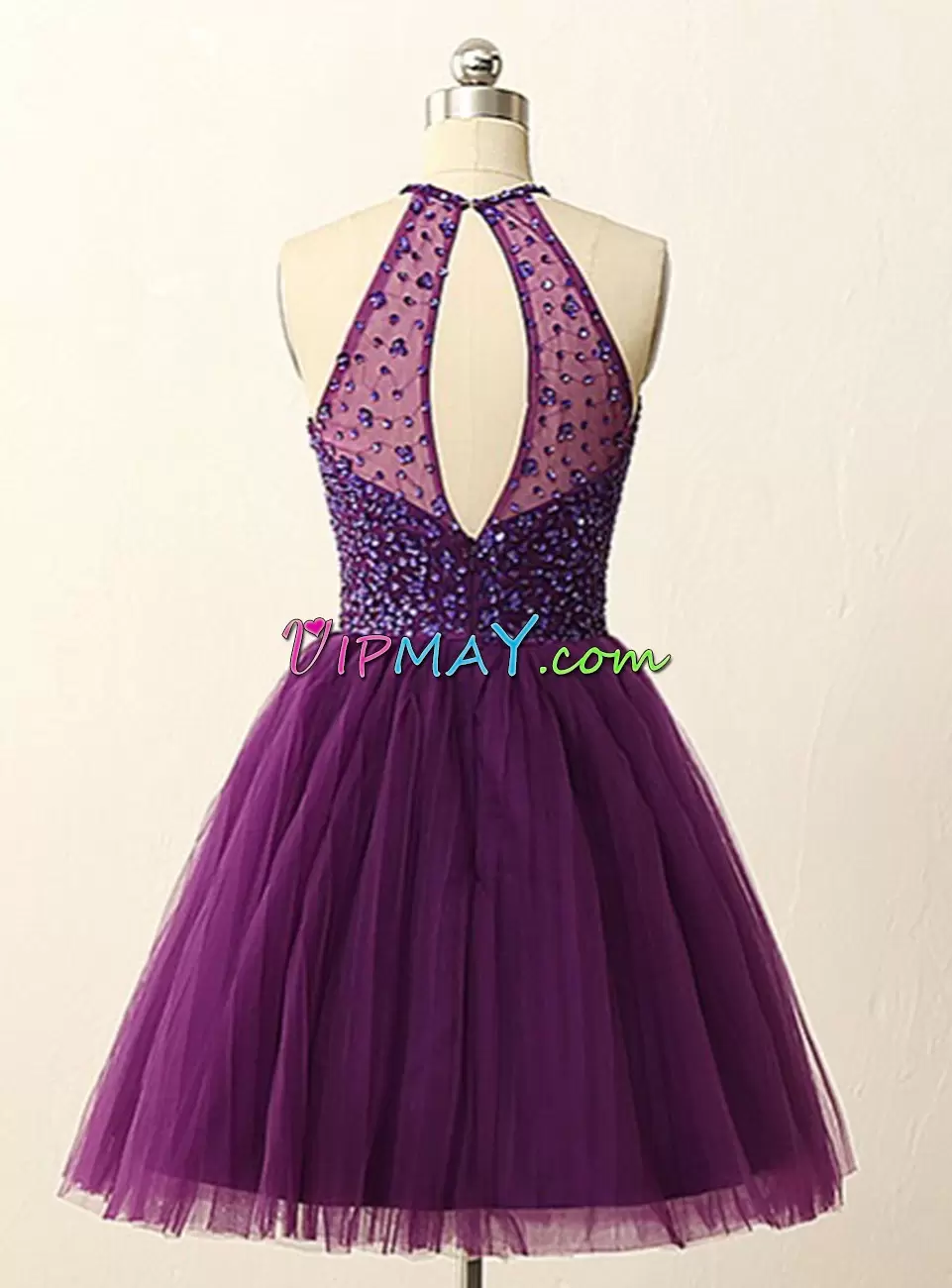 Customized Halter Top Sleeveless Backless Dress for Prom Purple Tulle Beading