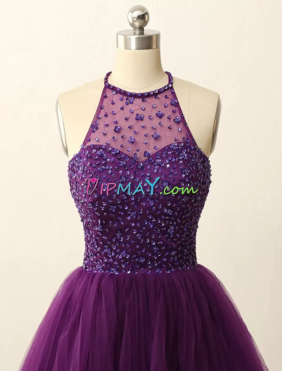 Customized Halter Top Sleeveless Backless Dress for Prom Purple Tulle Beading