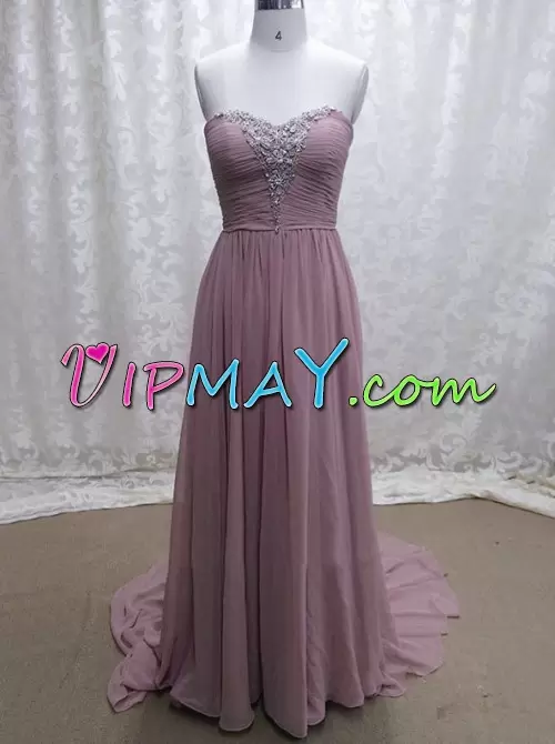 Pink Sleeveless Chiffon Sweep Train Side Zipper Prom Party Dress for Prom and Party