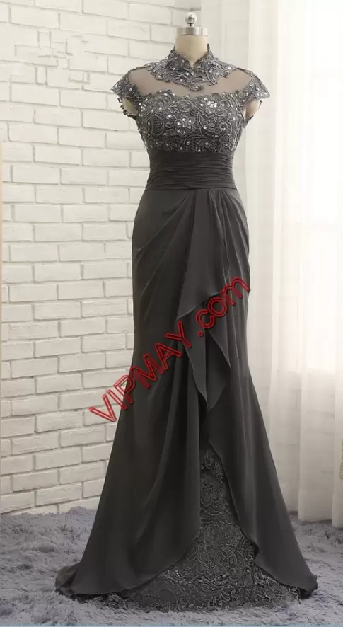 Top Selling Chiffon High-neck Sleeveless Zipper Beading Prom Gown in Grey