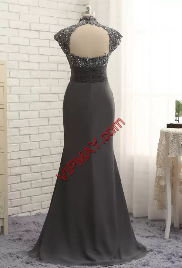 Top Selling Chiffon High-neck Sleeveless Zipper Beading Prom Gown in Grey