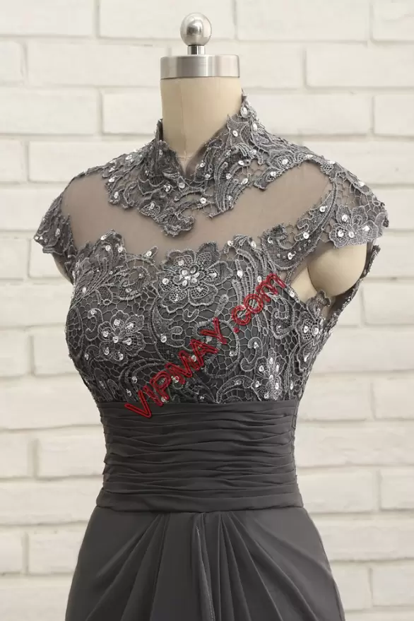 Top Selling Chiffon High-neck Sleeveless Zipper Beading Prom Gown in Grey