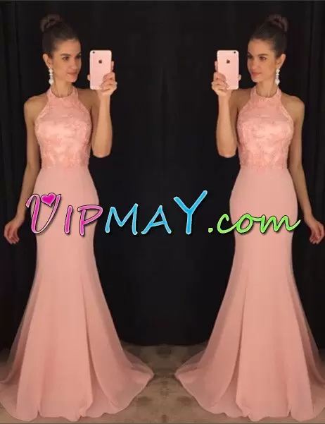 Pink Homecoming Dress Prom and Party and Military Ball with Appliques Halter Top Sleeveless Sweep Train Lace Up