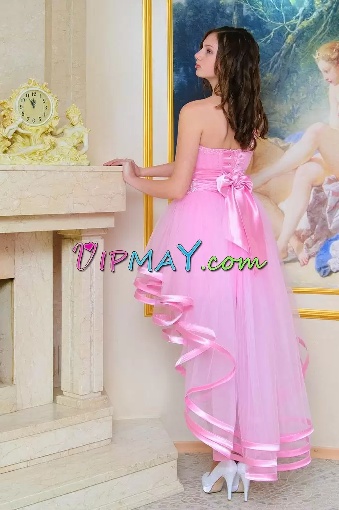 Classical One Shoulder Sleeveless Junior Homecoming Dress High Low Appliques Pink Tulle