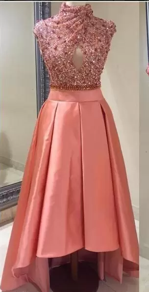 New Style Satin High-neck Sleeveless Lace Up Beading Prom Dresses in Pink and Orange