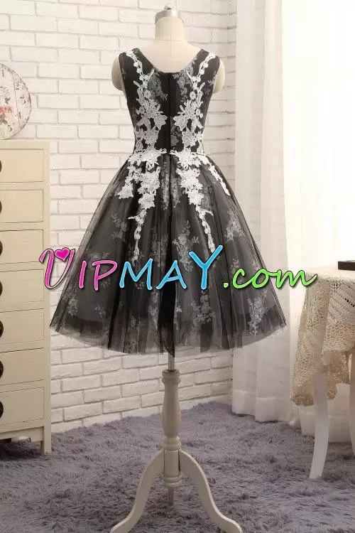 Black Zipper Scoop Appliques Tulle Sleeveless Prom Dress