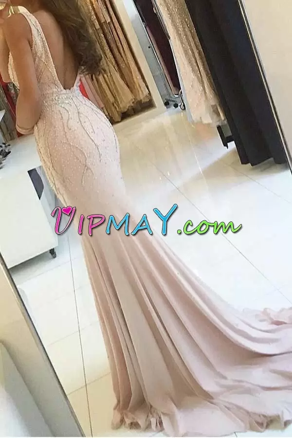 Best Selling Mermaid Sleeveless Pink and Champagne Homecoming Dress Brush Train Backless