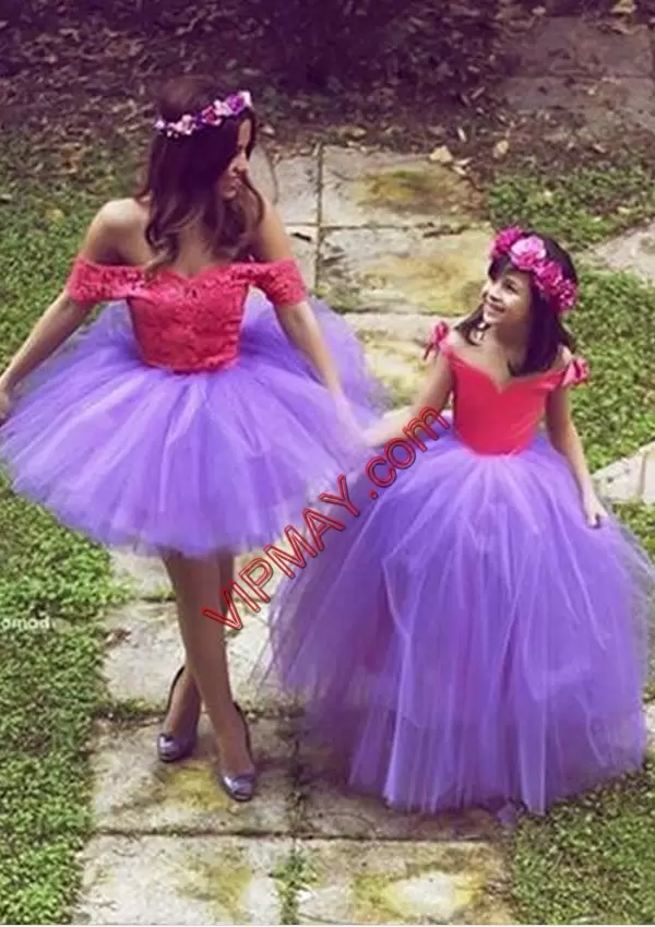 Lavender Ball Gowns Off The Shoulder Sleeveless Tulle Mini Length Appliques Homecoming Dress