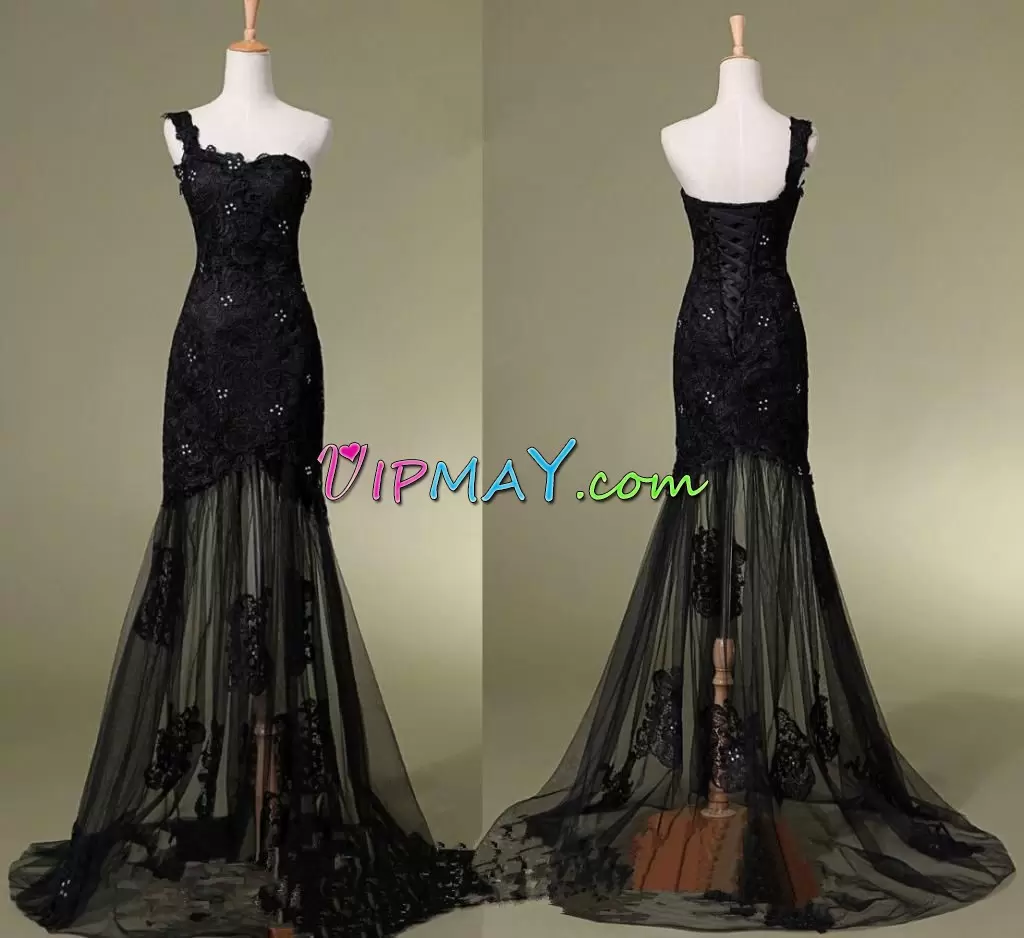 Sweep Train Empire Hoco Dress Black One Shoulder Satin Sleeveless Floor Length Lace Up