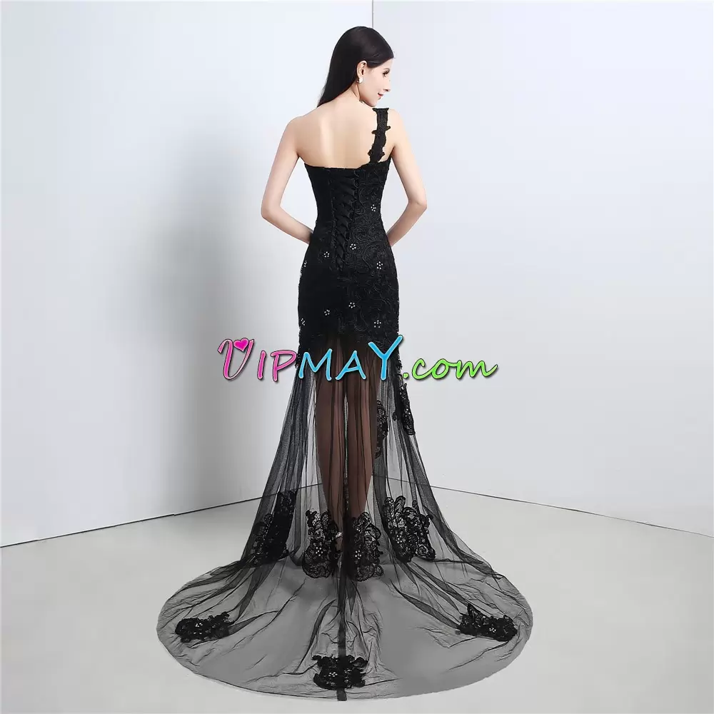 Sweep Train Empire Hoco Dress Black One Shoulder Satin Sleeveless Floor Length Lace Up