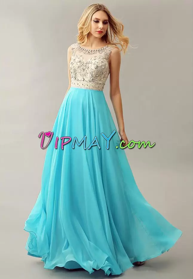 Edgy Beading Homecoming Dress Aqua Blue Zipper Sleeveless Floor Length