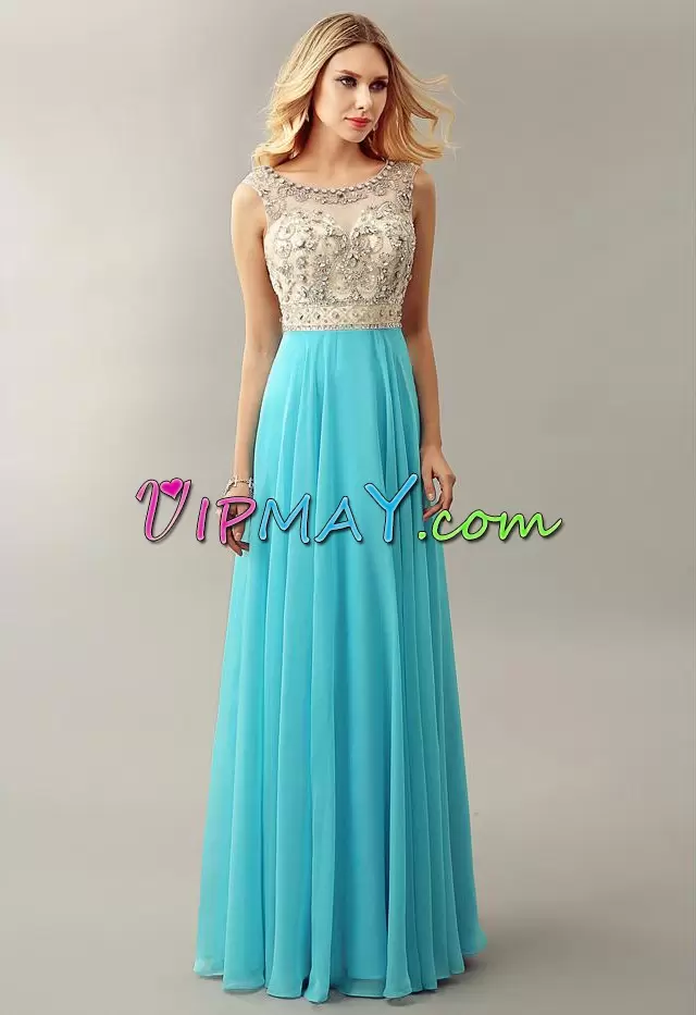 Edgy Beading Homecoming Dress Aqua Blue Zipper Sleeveless Floor Length