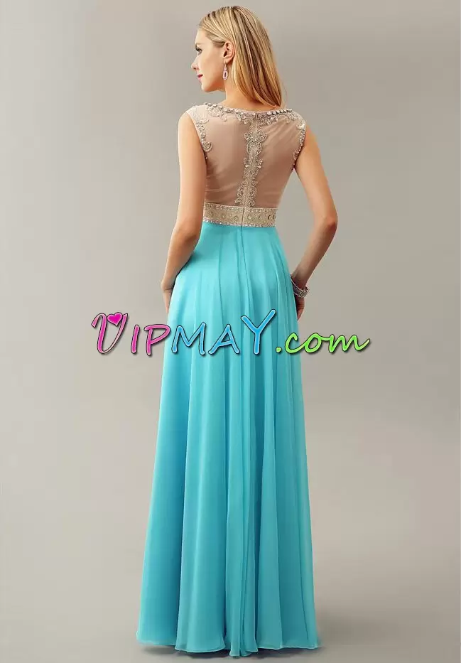 Edgy Beading Homecoming Dress Aqua Blue Zipper Sleeveless Floor Length