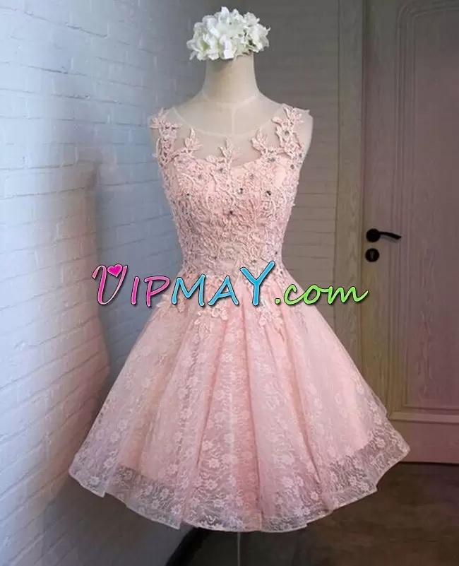 Pink Scoop Neckline Beading and Appliques Prom Evening Gown Sleeveless Lace Up