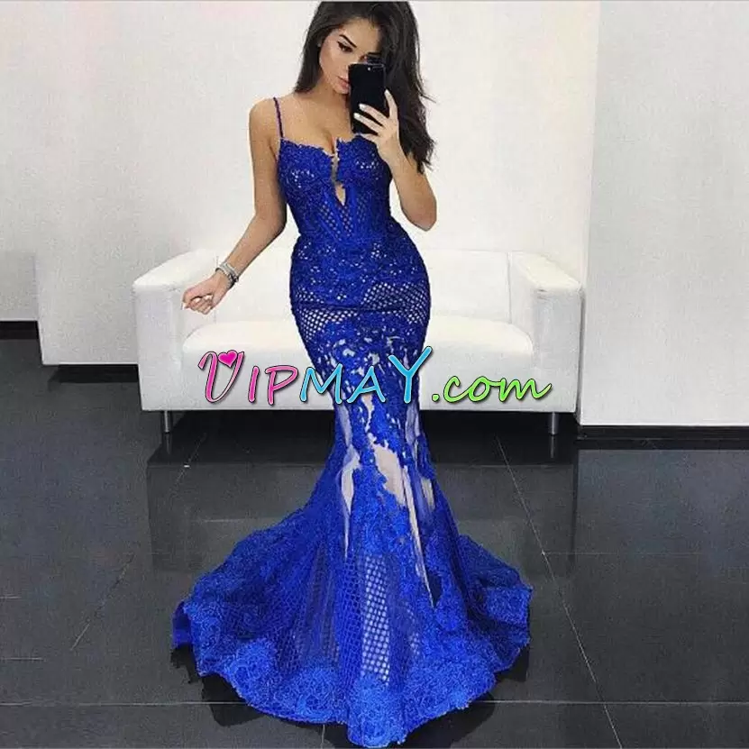 Fashion Royal Blue Sleeveless Sweep Train Lace Up Prom Gown for Prom and Party