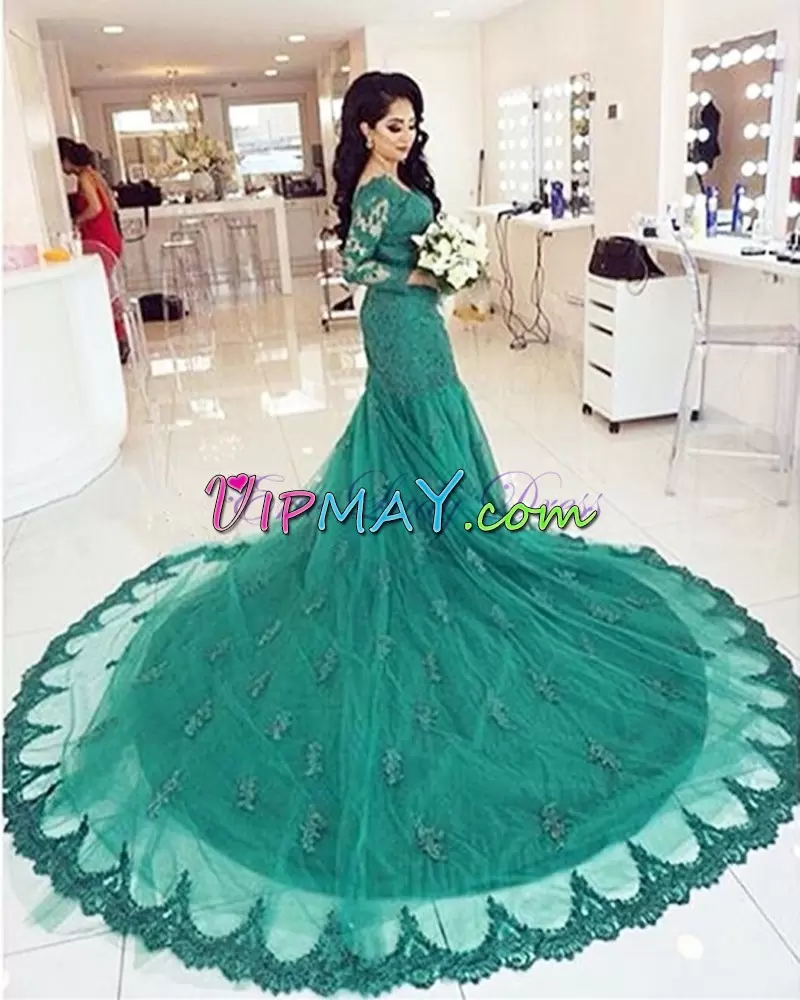 Green Empire Tulle V-neck Long Sleeves Lace and Appliques Lace Up Hoco Dress Court Train