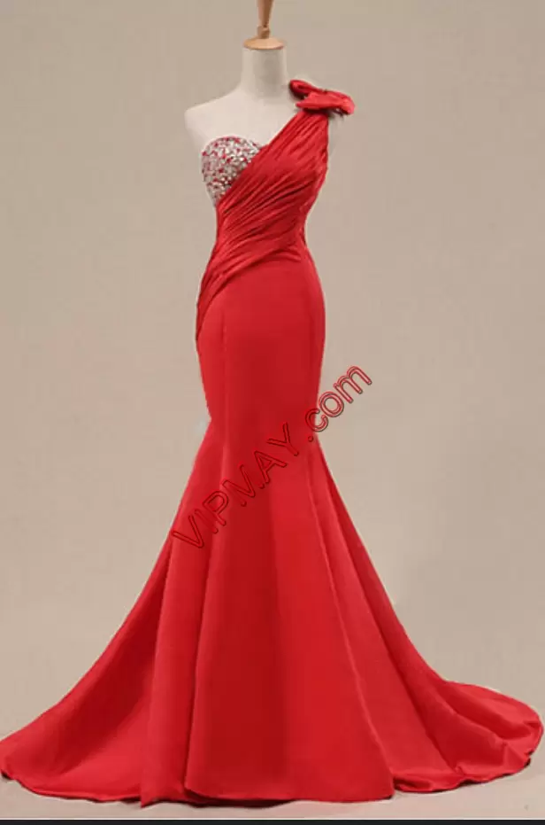 Chic One Shoulder Sleeveless Satin Evening Dresses Beading and Bowknot Sweep Train