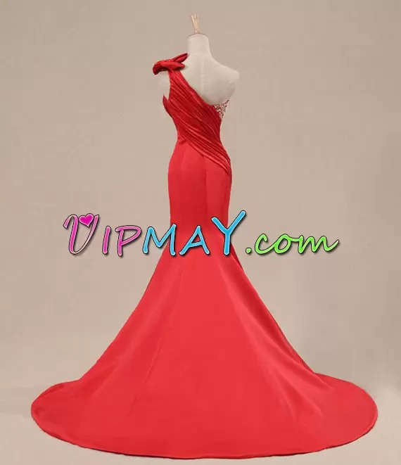 Chic One Shoulder Sleeveless Satin Evening Dresses Beading and Bowknot Sweep Train