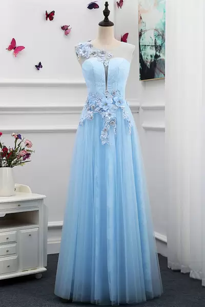 Great Floor Length A-line Sleeveless Blue Evening Dress Lace Up