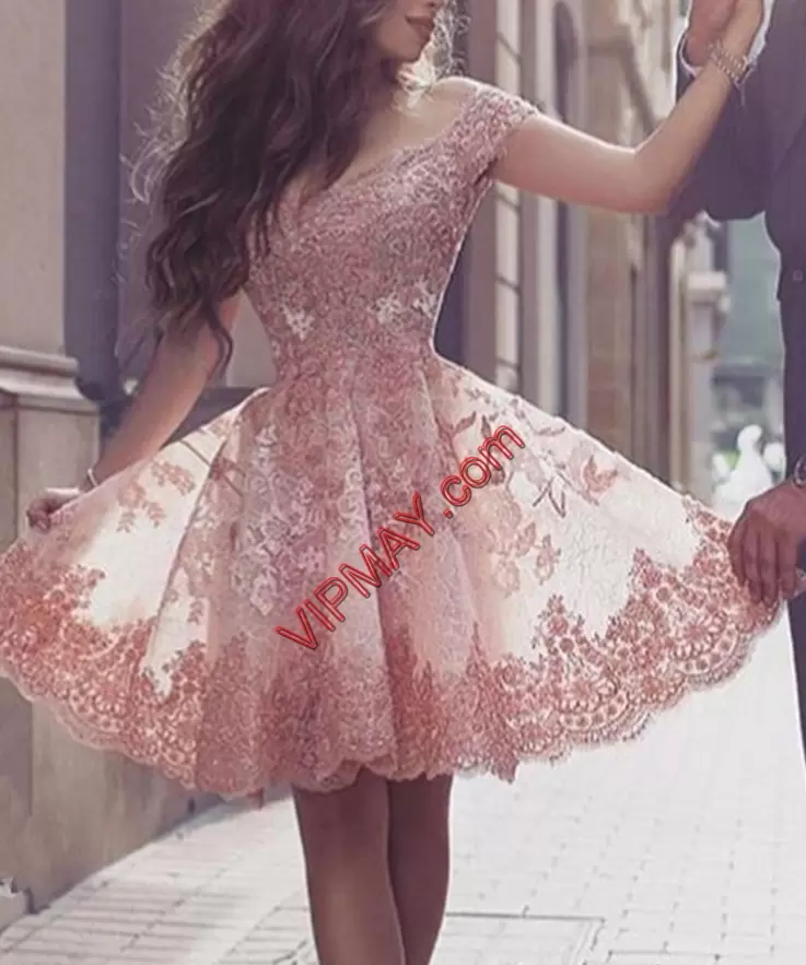 Pink Prom Dresses Lace and Appliques Sleeveless Mini Length