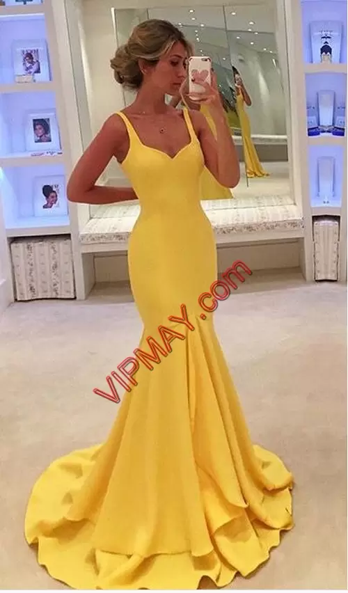 Glittering Yellow Satin Lace Up Evening Wear Sleeveless Floor Length Sweep Train Ruching