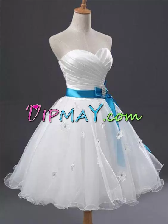 Dynamic White A-line Organza and Tulle Sweetheart Sleeveless Appliques and Belt Mini Length Lace Up Junior Homecoming Dress