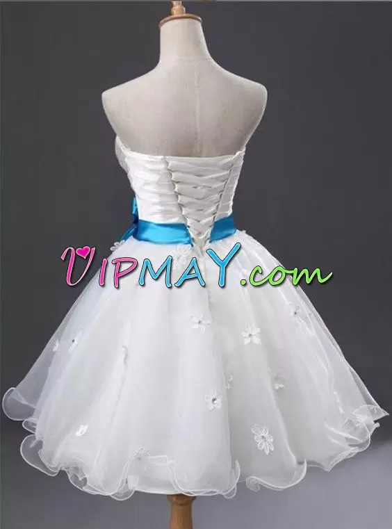 Dynamic White A-line Organza and Tulle Sweetheart Sleeveless Appliques and Belt Mini Length Lace Up Junior Homecoming Dress