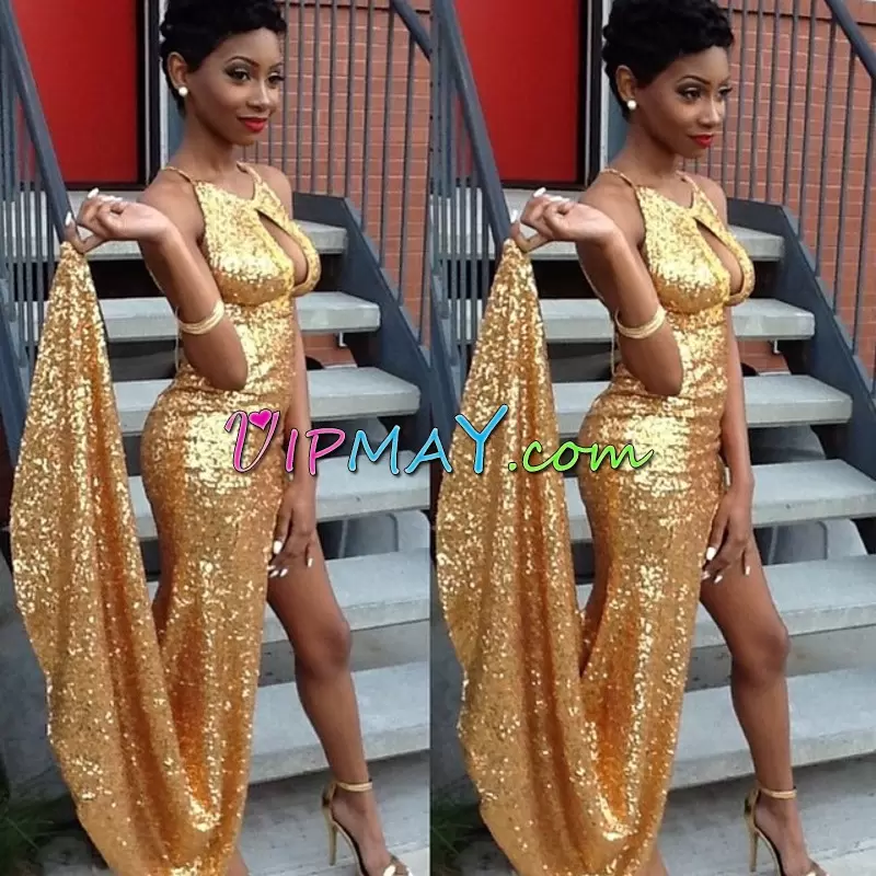 Decent Backless Prom Dresses Gold for Prom with Sequins Brush Train