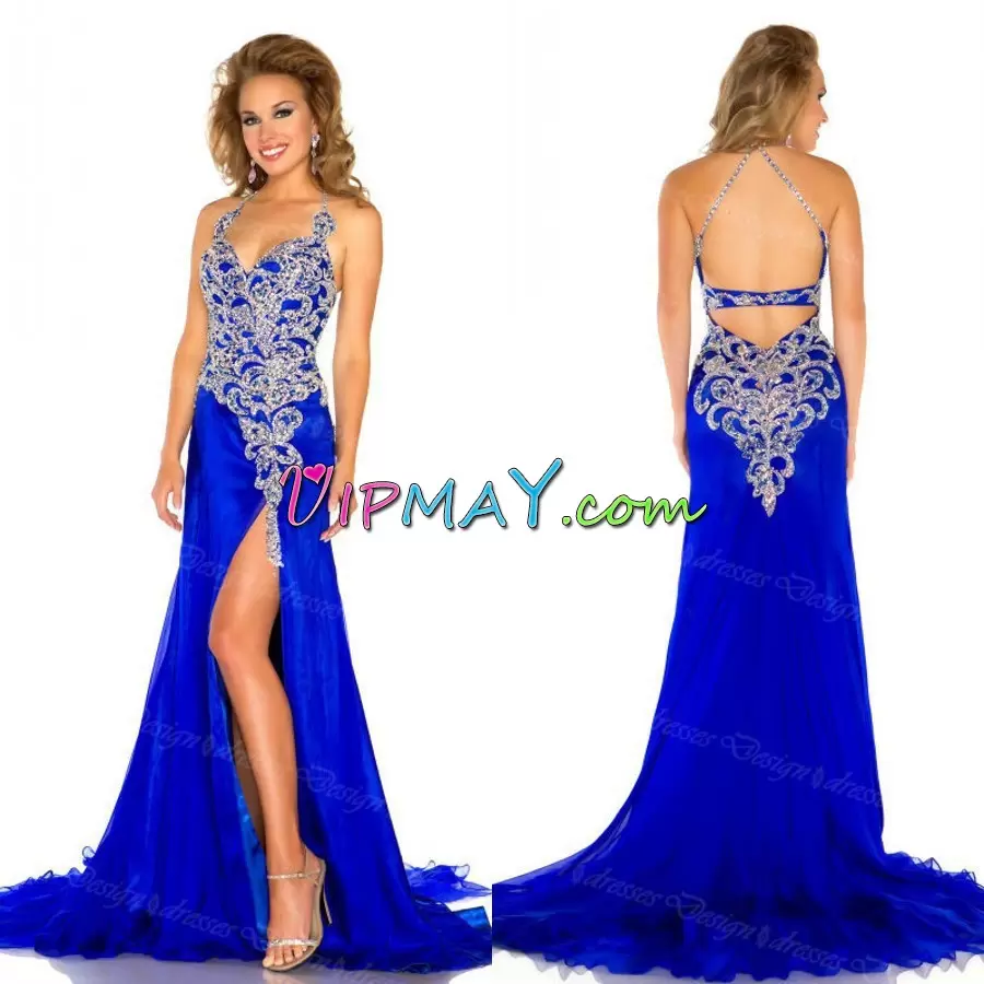 Royal Blue Formal Evening Gowns Halter Top Sleeveless Sweep Train Backless