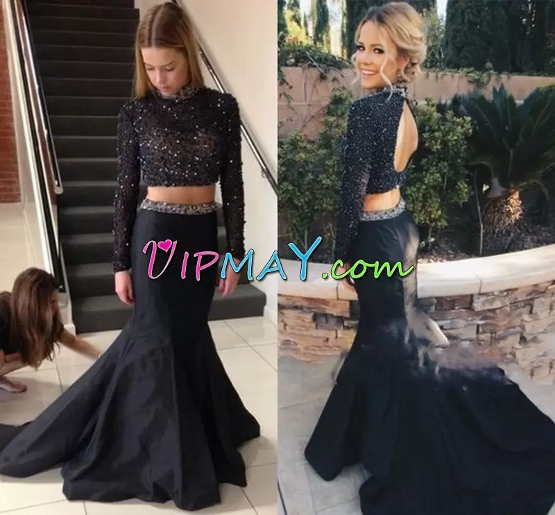 Two Pieces Sleeveless Black Homecoming Dress Brush Train Backless