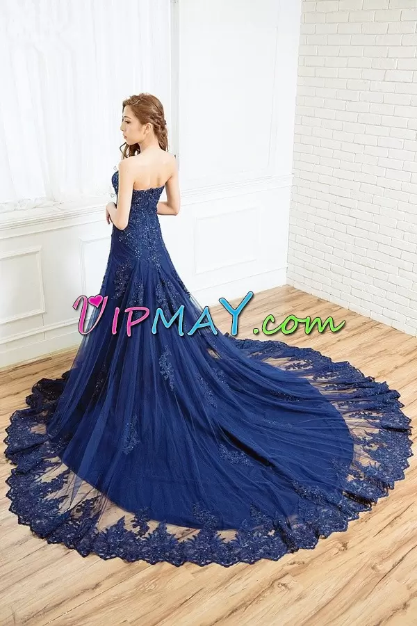 Sweep Train Empire Prom Party Dress Blue Strapless Satin and Tulle Sleeveless Floor Length Lace Up