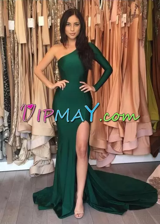 Elegant Green One Shoulder Lace Up Ruching Prom Dresses Sweep Train Long Sleeves