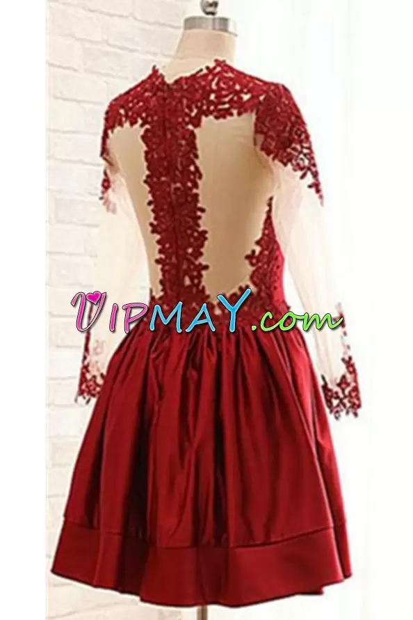 Gorgeous Burgundy Mini Length Illusion Neck Prom Dress with Long Sleeves and See Through Top