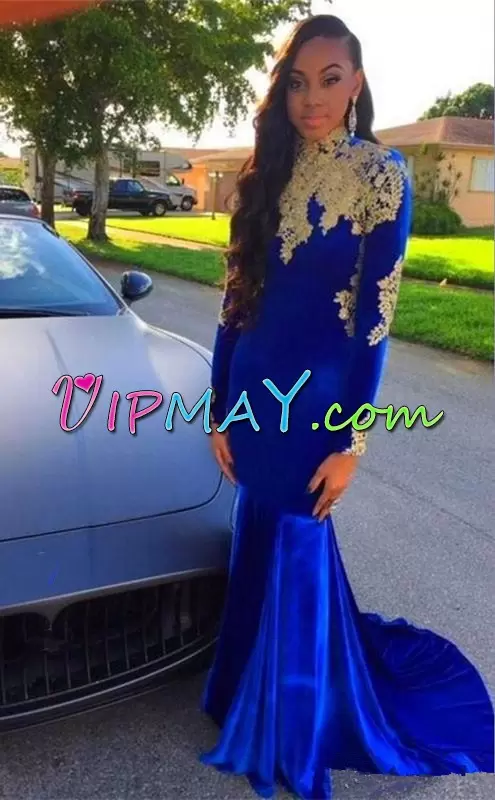 Stylish Long Sleeves High-neck Brush Train Appliques Backless Prom Homecoming Dress