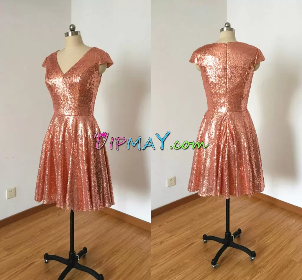 Rust Red A-line Sequins Homecoming Dress Zipper Sequined Cap Sleeves Mini Length