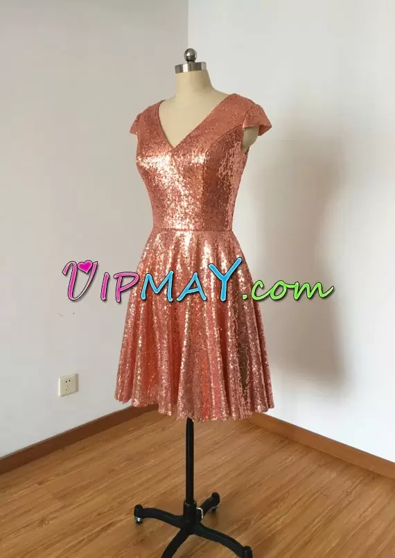 Rust Red A-line Sequins Homecoming Dress Zipper Sequined Cap Sleeves Mini Length